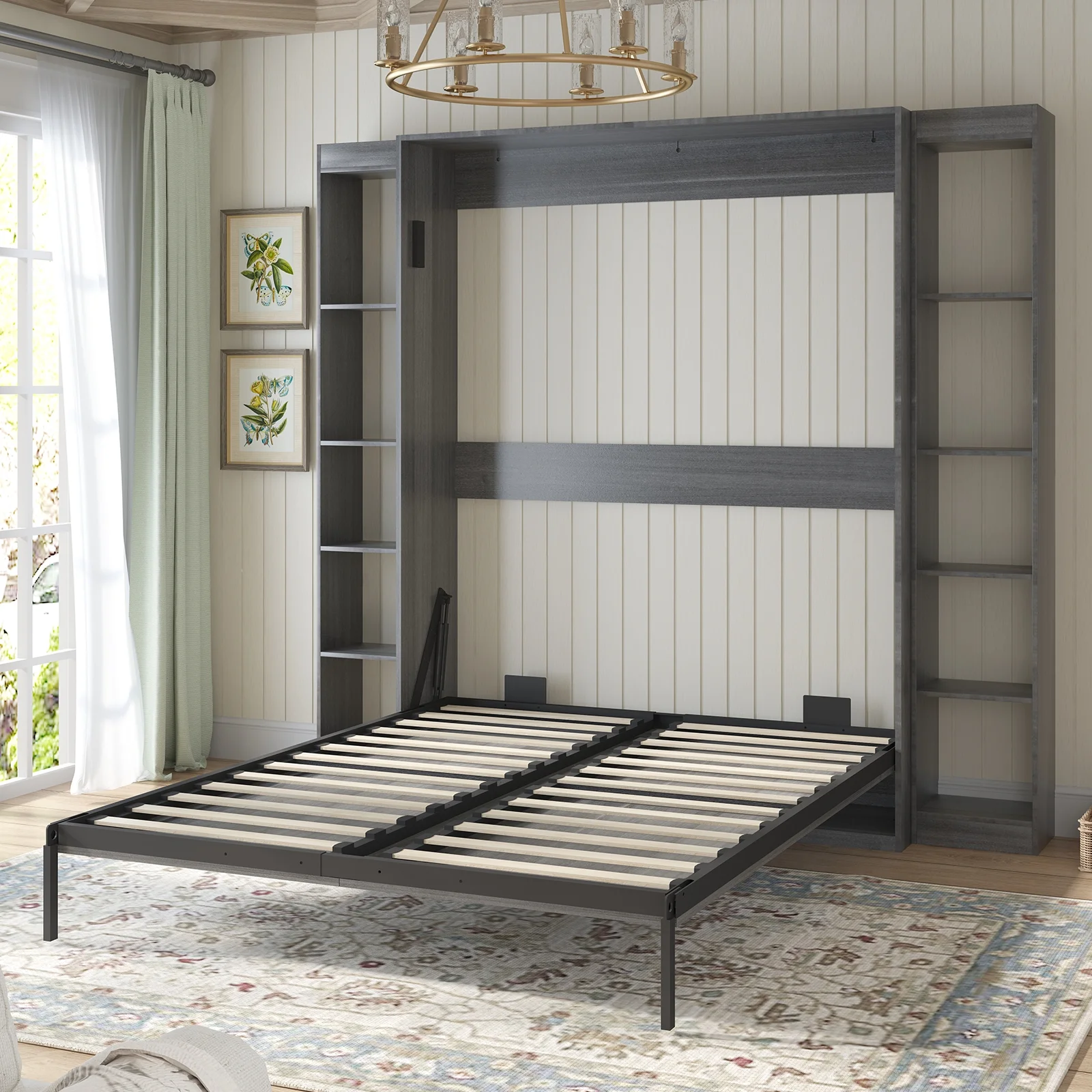 MUZZ Foldable Murphy Bed with 2 Sides Cabinet, Folding Wall Bed with Space Saving Design, Fold up Murphy Bed Cabinet for Storage, Multipurpose Cabinet Bed for Bedroom/Apartment (Style6+2,Dark Grey)