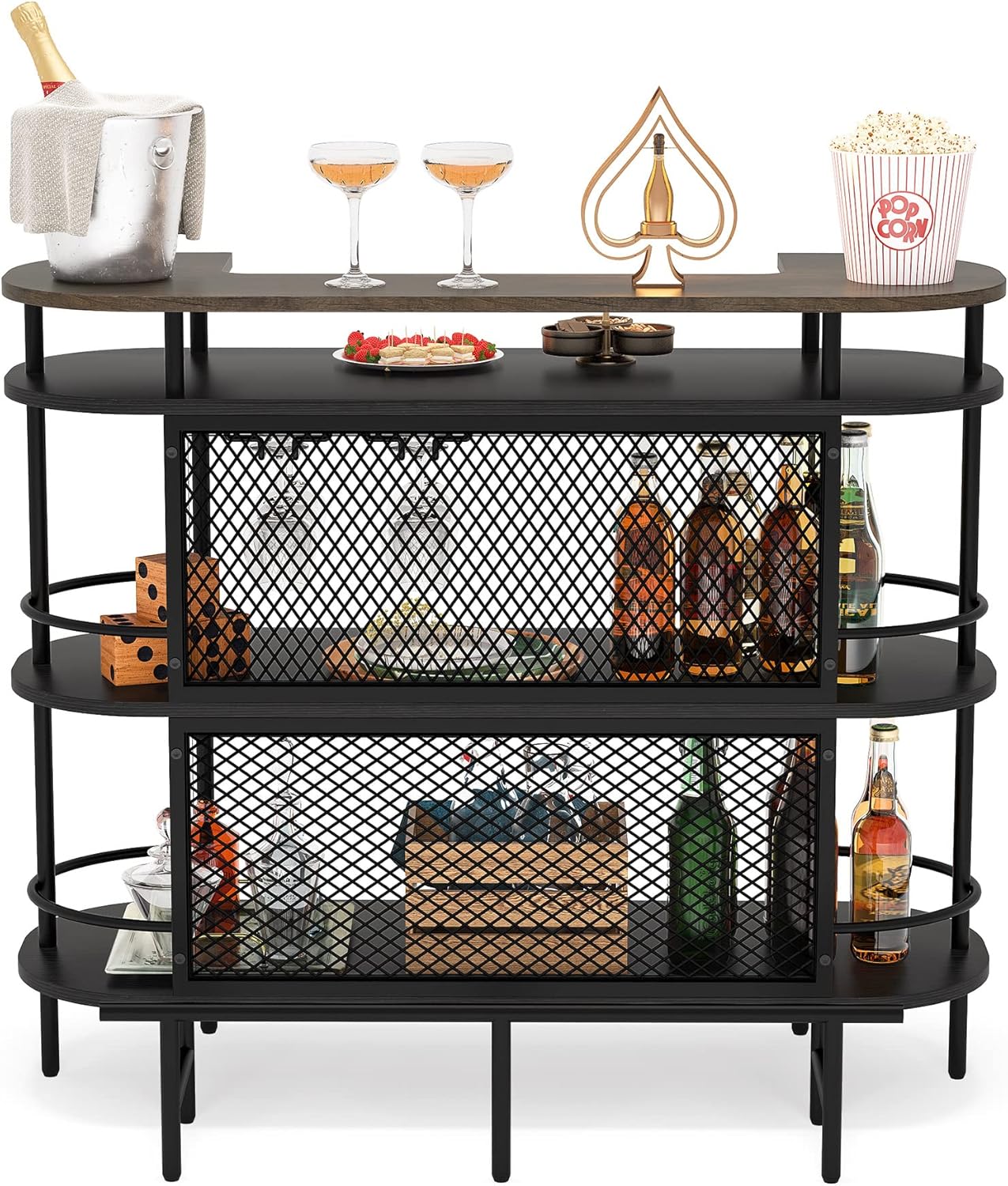 4 Tier Bar Cabinet Bar Unit for Liquor with Storage Shelves, Foot Rail and Wine Glasses Holder for Home/Kitchen/Bar/Pub, Black and Walnut