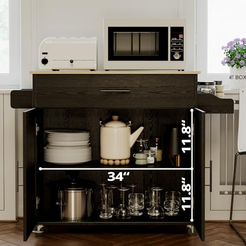 IRONCK Rolling Kitchen Island Table on Wheels with Drop Leaf, Storage Cabinet, Drawer, Spice/Towel Rack, Kitchen Cart, 47.25" Wide Black