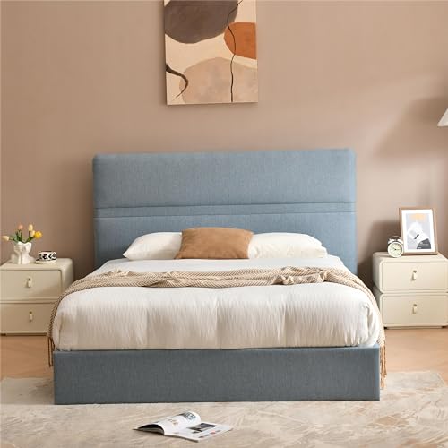 Hydraulic Lift Storage Bed, Queen Upholstered Bed Frame with Linen Headboard, Ample Storage Space, Wooden Slat Support, No Box Spring Required (Beige, Full)