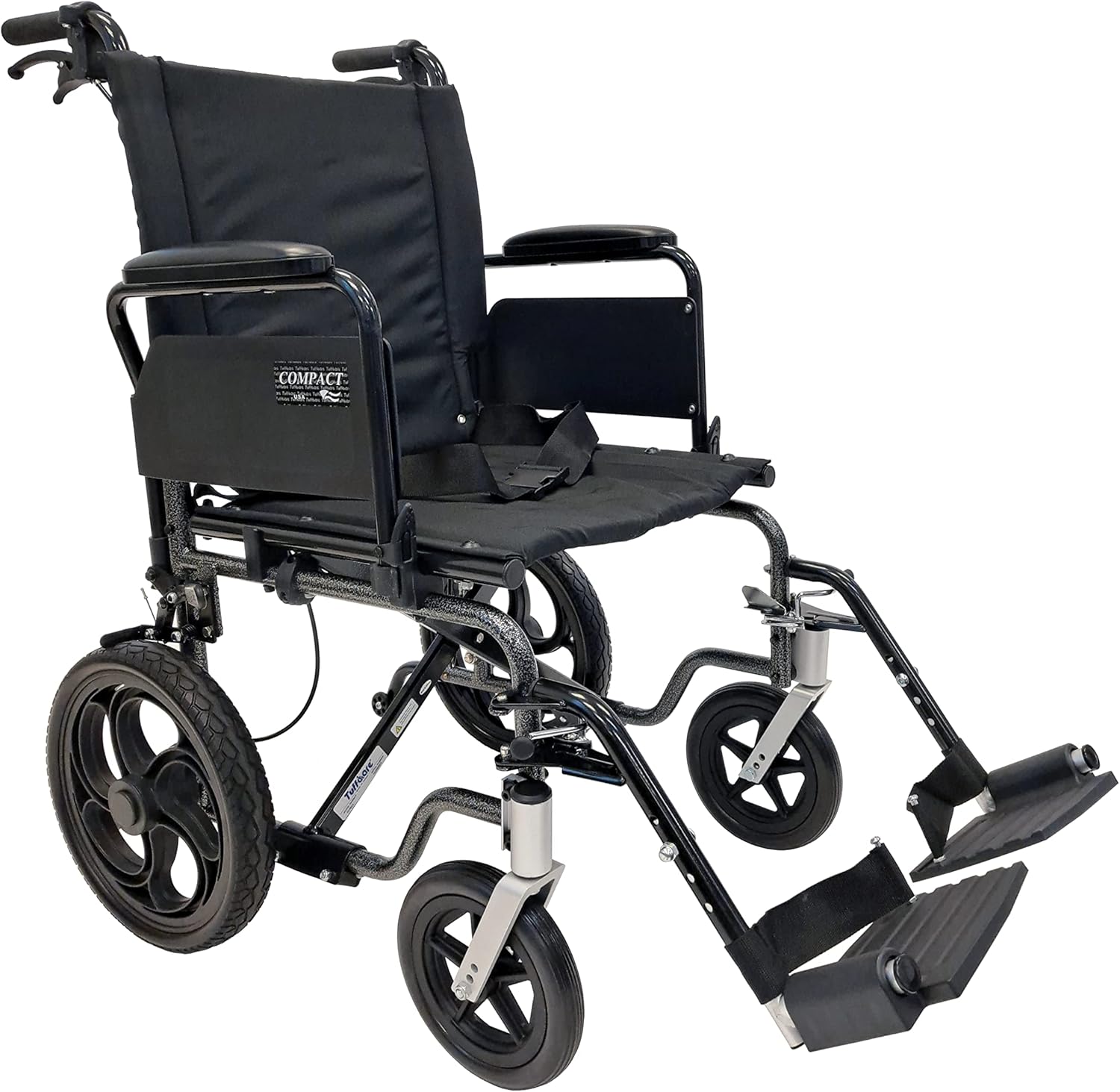 Tuffcare Compact High Strength Lightweight Transport Chair with Locking Hand Brakes, 12 Rear Wheels, Swing Back Arms and Anti-Tippers (Standard 18, Footrest)