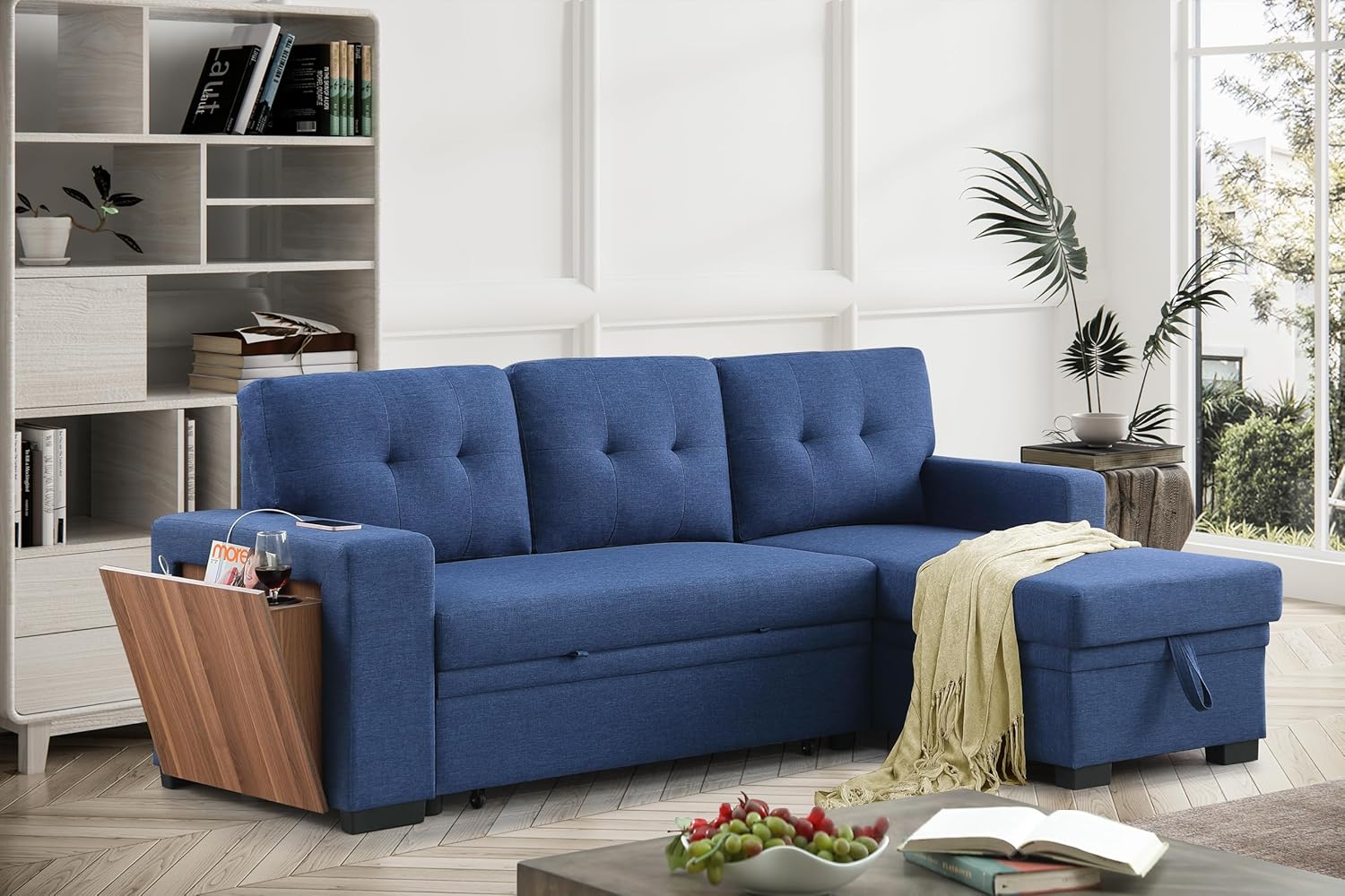 L-Shaped Sectional Sleeper Sofa with Reversible Storage Chaise, Hidden Compartment, Cup Holder, USB Port, and Pull-Out Bed, Upholstered Corner Couch for Living Room, Blue