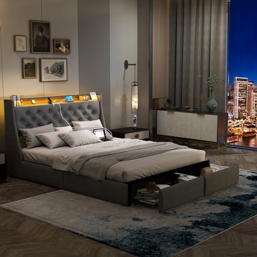 Full Size Bed Frame with 4 Storage Drawers and LED Lights, Upholstered Wingback Linen Tufted Headboard with Charging Station, Steel Slat Support, No Box Spring Needed, Noise-Free, Easy Assembly, Gray