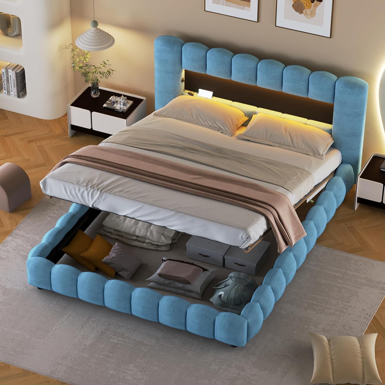 Quee Size Bed With Storage Udereath, Lift Up Storage Bed Frame With LED Headboard Ad USB, Upholstered Platform Bed, Mattress Foudatio, Wood Slat Support, o Box Sprig eeded, Lie Blue