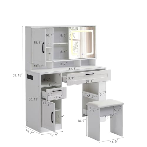 White Vanity Desk With Mirror And Cushioned Stool,Makeup Desk With Right Sliding Mirror,Vanity with Drawers and Open Shelves,Practical Fashionable Vanity Table Dressing Table for Women Girls,31in