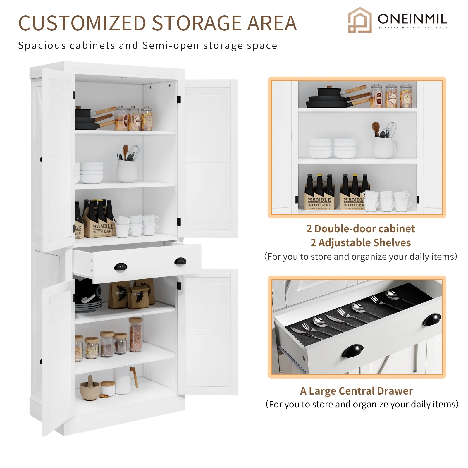 Oneinmil 72" Pantry Storage Cabinet, Tall Kitchen Pantry with Farmhouse Barn Doors for Kitchen, Rustic White