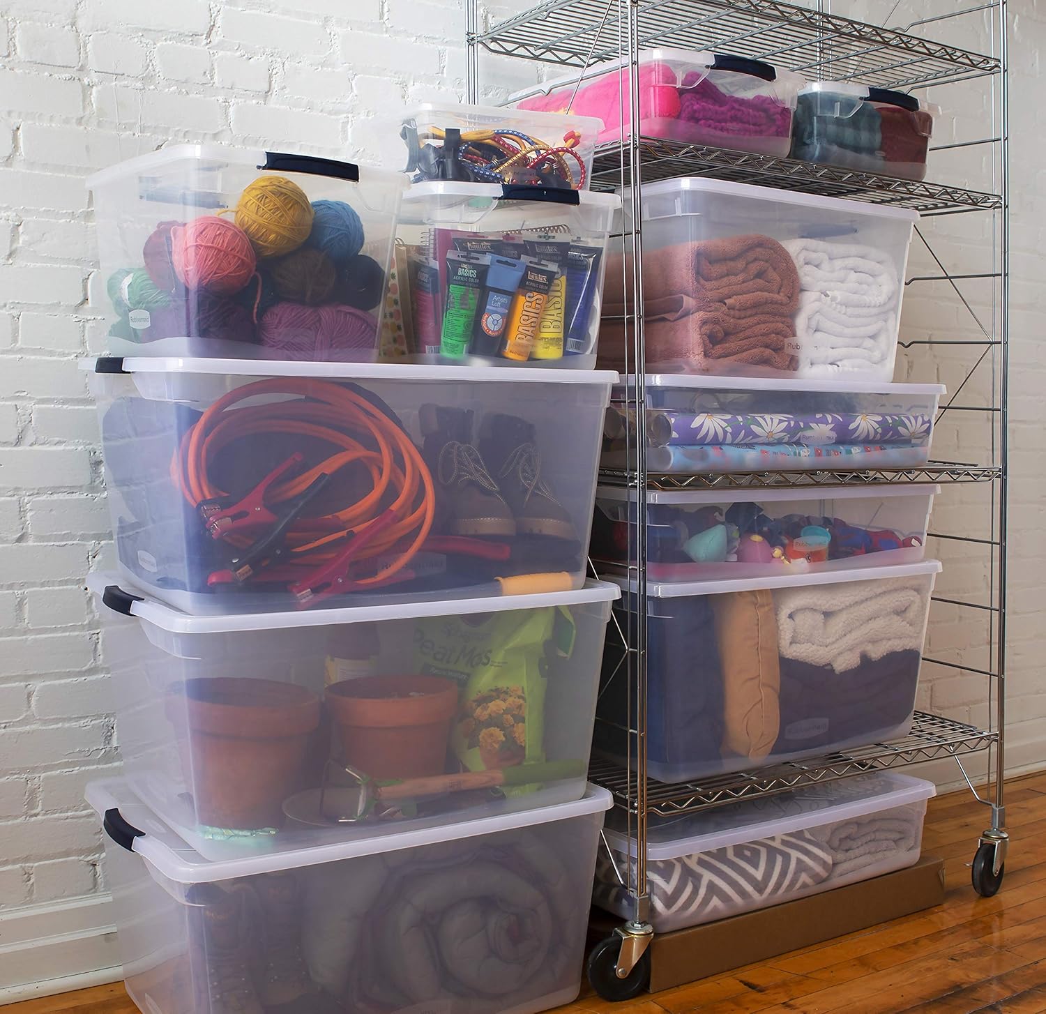 Rubbermaid Cleverstore Clear 71 QT Pack of 4 Stackable Large Storage Containers with Durable Latching Clear Lids, Visible Organization and Storage, Great for Tools, Sports Equipment, and Large Items