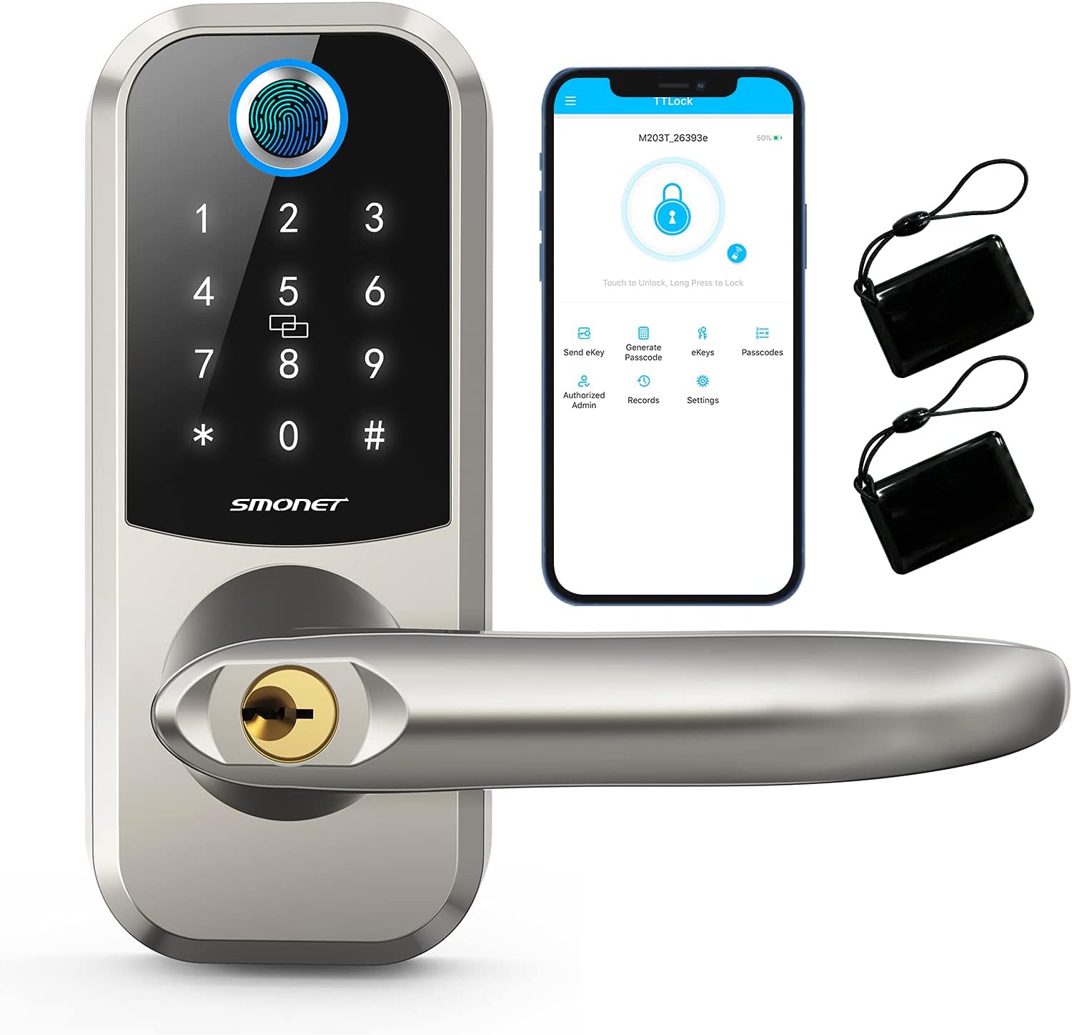 [2021 Newest]Smart Lock SMONET 5-in-1 Keyless Entry Fingerprint Door Lock, Bluetooth Lock with Reversible Handle, Work with Alexa (Need Extra Gateway),eKey,IC Card,App Auto Lock for Home,Hotel, Office