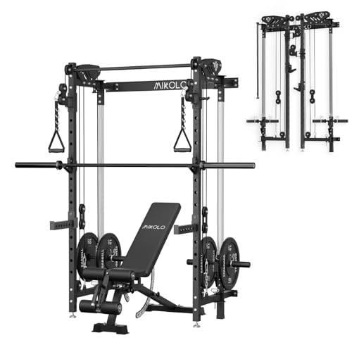 Mikolo Folding Squat Rack, Wall Mounted Power Rack with Cable Crossover Machine & LAT Pull Down, Functional Trainer with 5 Adjustable Function Modes, for Home Gym and Space Saving