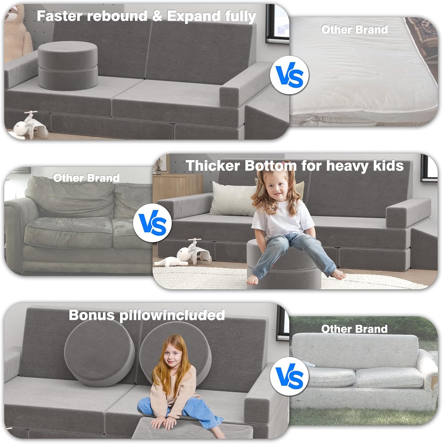 Kids Nugget Couch, 15PCS Certified Modular Nugget Couch Kids Play Couch, Child Sectional DIY Sofa Couch for Playroom Bedroom Living Rooms, Convertible Foam and Floor Cushion for Gift