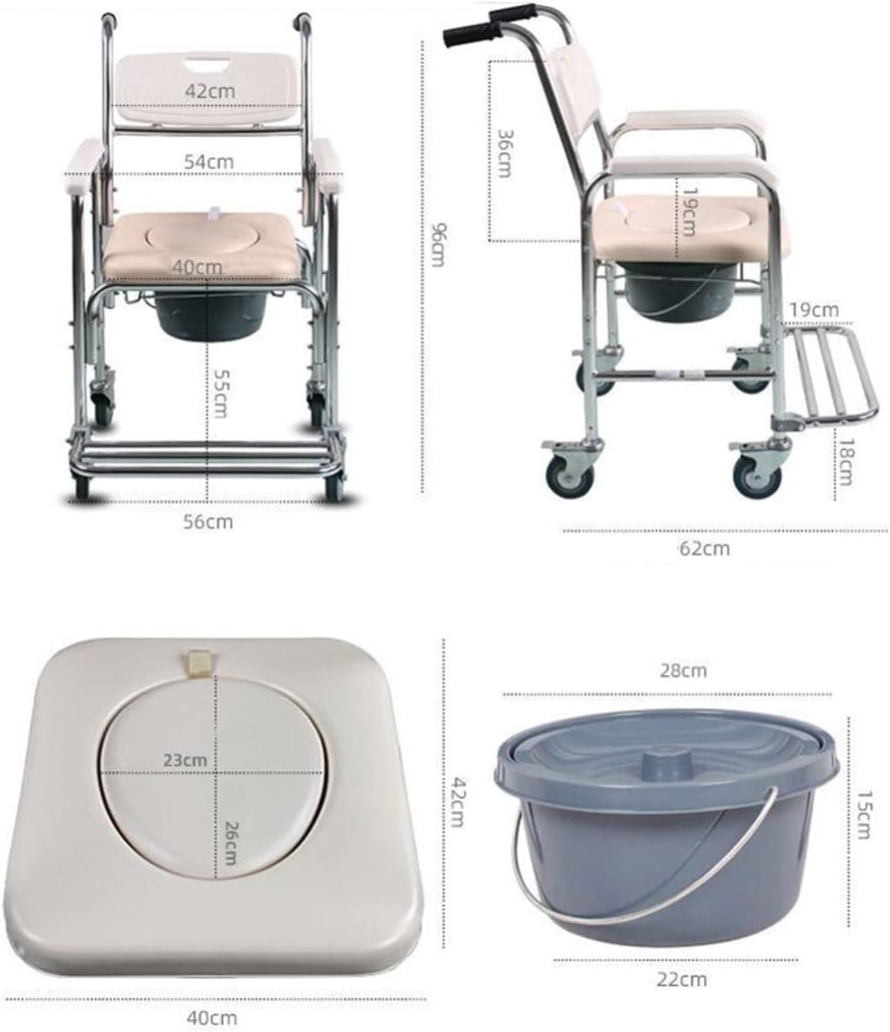 Commode Wheelchair - Shower Chair with Removable Pot Mobile Toilet Folding Pedal Mobile Bedside Commodes Comfortable Waterproof for Elderly Disabled 330 Lbs Weight Capacity