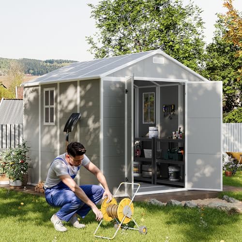 UDPATIO Outdoor Storage Shed 6 x 6 FT, Resin Garden Sheds with Floor Plastic Patio Outdoor Storage Shed with Lockable Door for Tool, Bike, Garbage Gray White
