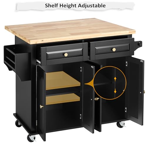 Finnhomy Rolling Kitchen Island With Drop Leaf, Thicken Rubberwood Top, Spice Rack, Towel Rack, Drawer, 43.3" Portable Mobile Kitchen Island Carts Table, Storage Cabinet, Both Wheels and Feet Included