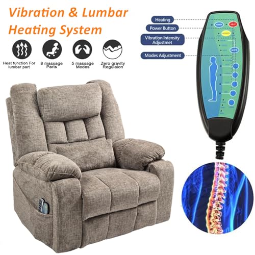 Light Grey Recliner Chair for Elderly | Tall and Big Man 400lbs | Chenille | Power Lift, Lay Flat, Stand Up, Wireless Charging Device, Extended Footrest, Massage Heat, Cup Holder, Lumbar Pillow