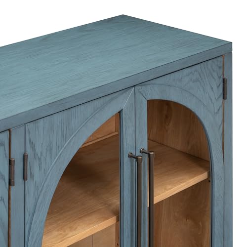 Large Sideboard Cabinet Retro Buffet Cabinet with 4 Glass Doors and Arched Design, Kitchen Cupboard Storage Cabinet for Dining Room Living Room, Black