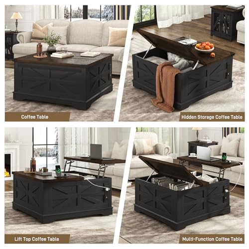 36" Farmhouse Movable Lift Top Coffee Table with Storage and Power Outlets, Square Wood Living Room Tables with Wheels&Large Hidden Space, Lift Wooden Barn Door Center Table, White