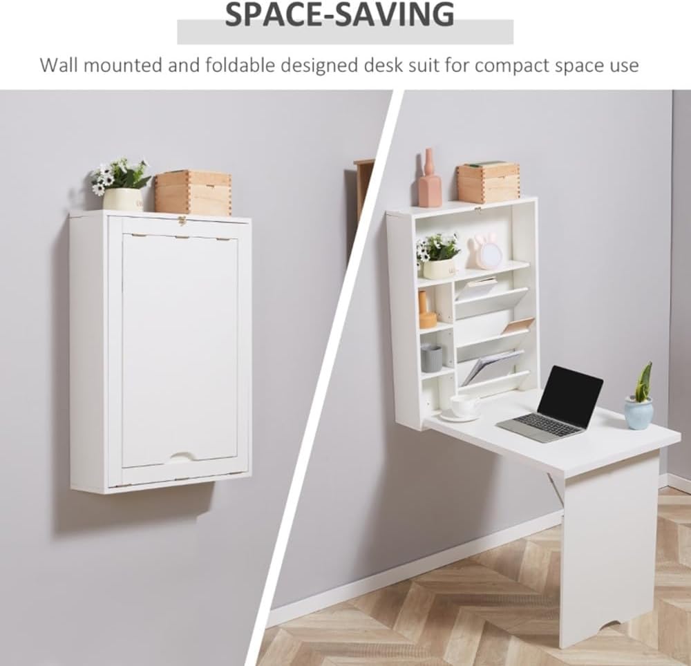 Wall Mounted Desk, Fold Out Convertible Floating Desk, Space Saving Computer Desk Hanging Table with Storage Area,White