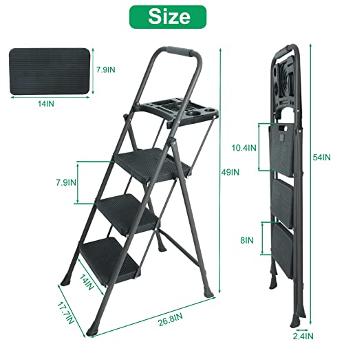 5 Step Ladder with Handrails, Folding Step Stool with Tool Tray Platform, 330lbs Portable Tall Step Labber for Adults for Home Kitchen Library Office