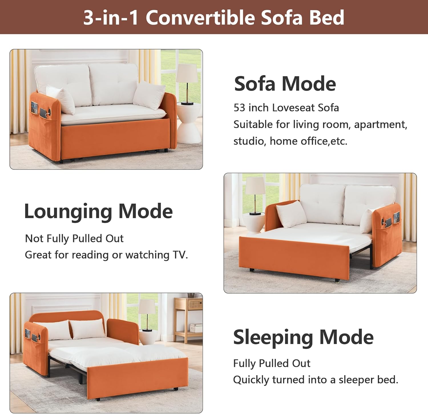 CALABASH 53" Loveseat Sleeper Sofa Bed, 3-in-1 Convertible Pull Out Bed, Velvet Sleeper Bed with USB Ports and Side Pockets, Small 2 Seater Sofa Bed for Apartment Small Spaces