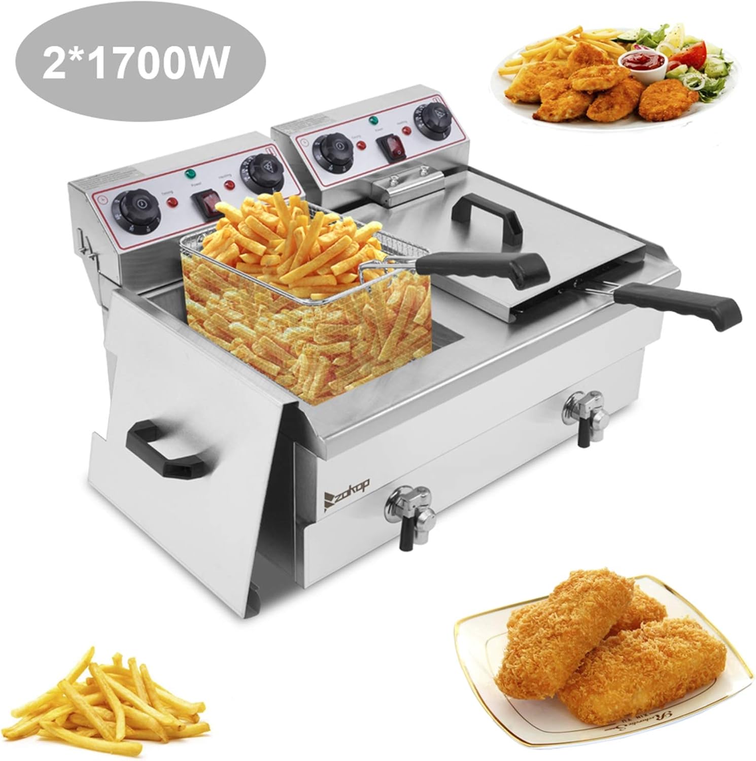 ZOKOP EH102V 16.9QT / 16L Total Capacity 24.9QT/23.6L Stainless Steel Faucet Double Tank Deep Fryer 3400W MAX(8L 8L Big Blue/Large Handle)