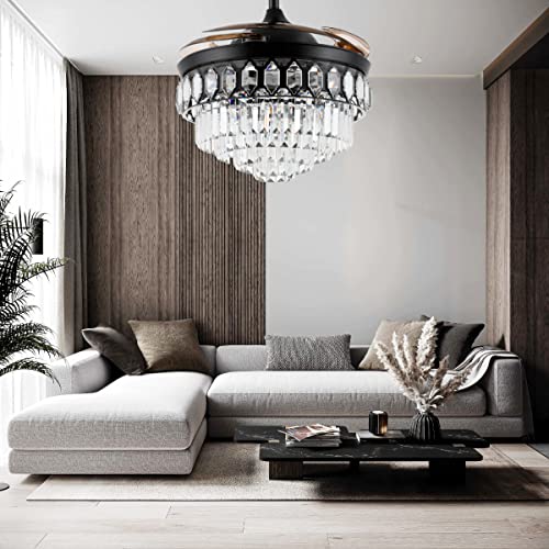 48" Black Chandelier Ceiling Fan with Lights and Remote Control Retractable Modern Fandelier Ceiling Fan with Light 6-Speed LED Dimmable Crystal Ceiling Fan Invisible for Bedroom Living Room
