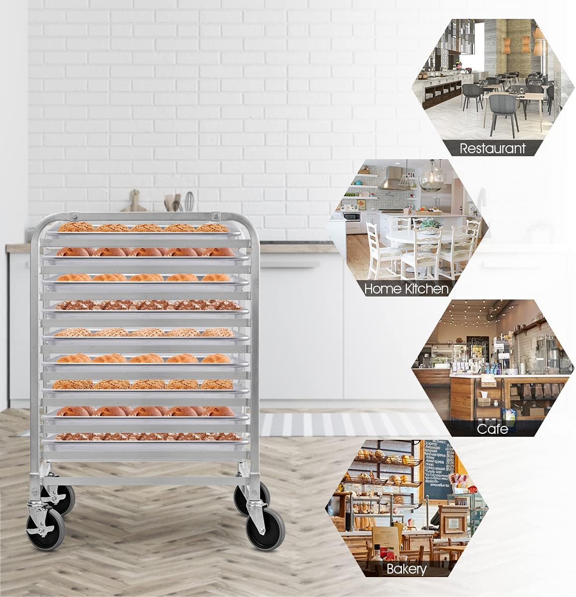 10 Tier Sheet Pan Rack, Commercial Aluminum Full & Half Bun Pan Bakery Rack with Brake Wheels for Restaurant Home Kitchen
