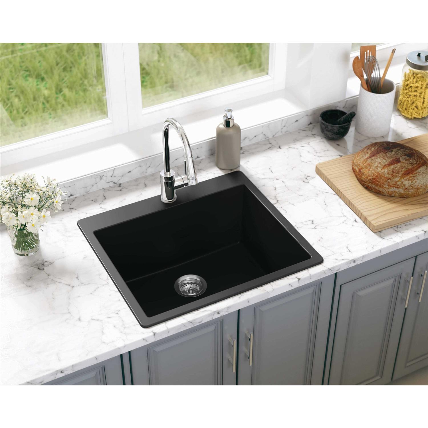 Allen + Roth Deforest Collection Dual-Mount 25-in x 22-in Nero Granite Single Bowl 5-Hole Kitchen Sink SIGN100SDM13 - Shop Hardware Tools Online Store