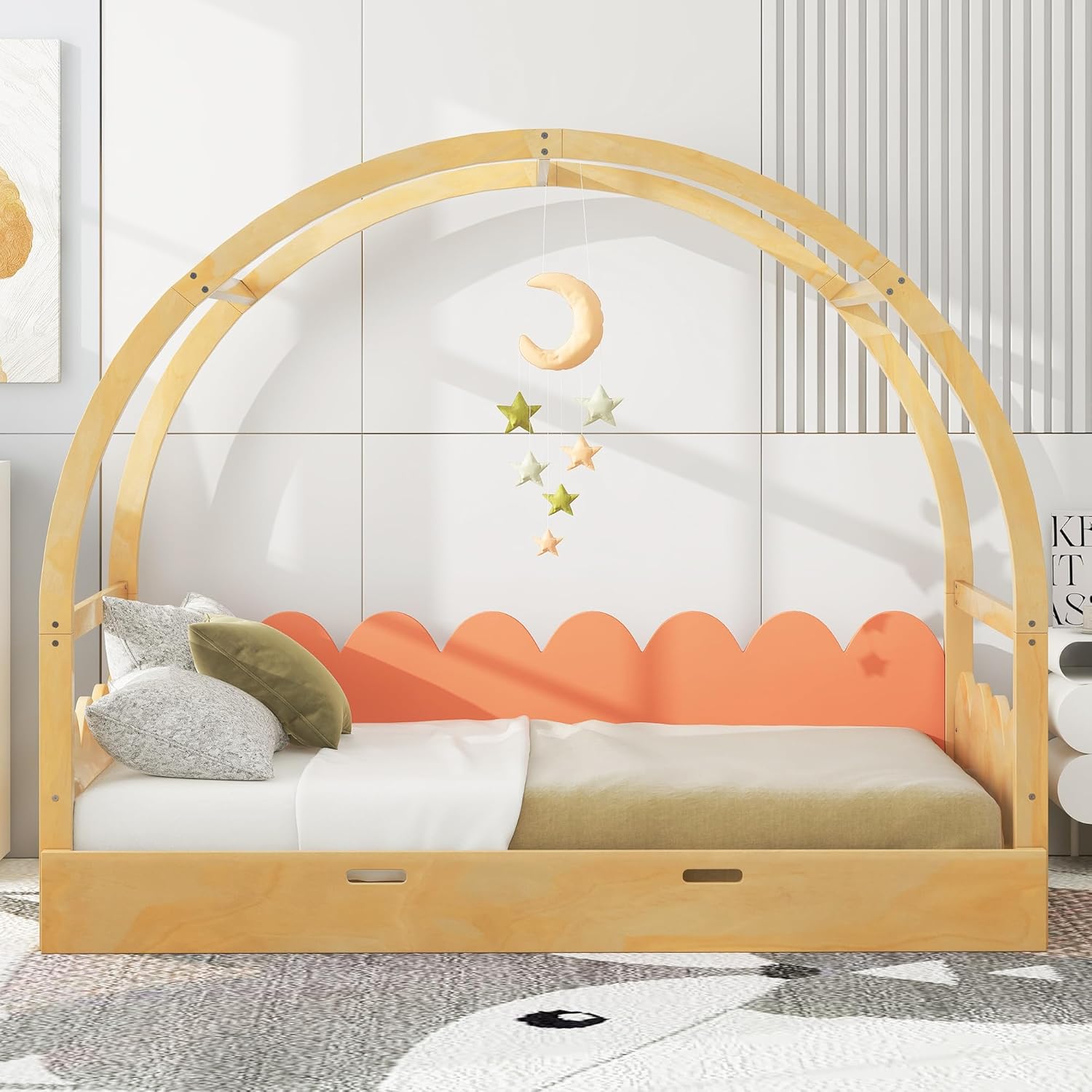 Floor Bed Twin to King, Wood House Montessori Bed Frame with Fence Rails and Vaulted Roof, Extending Kids Bed for 2 Girls Boys, Playhouse Design, Natural