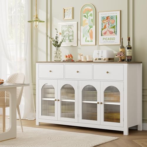 FINETONES Buffet Cabinet with Storage, 55.1" Large Sideboard Buffet Farmhouse Kitchen Cabinet with 3 Drawers and 4 Doors, Wood Coffee Bar for Kitchen, Black