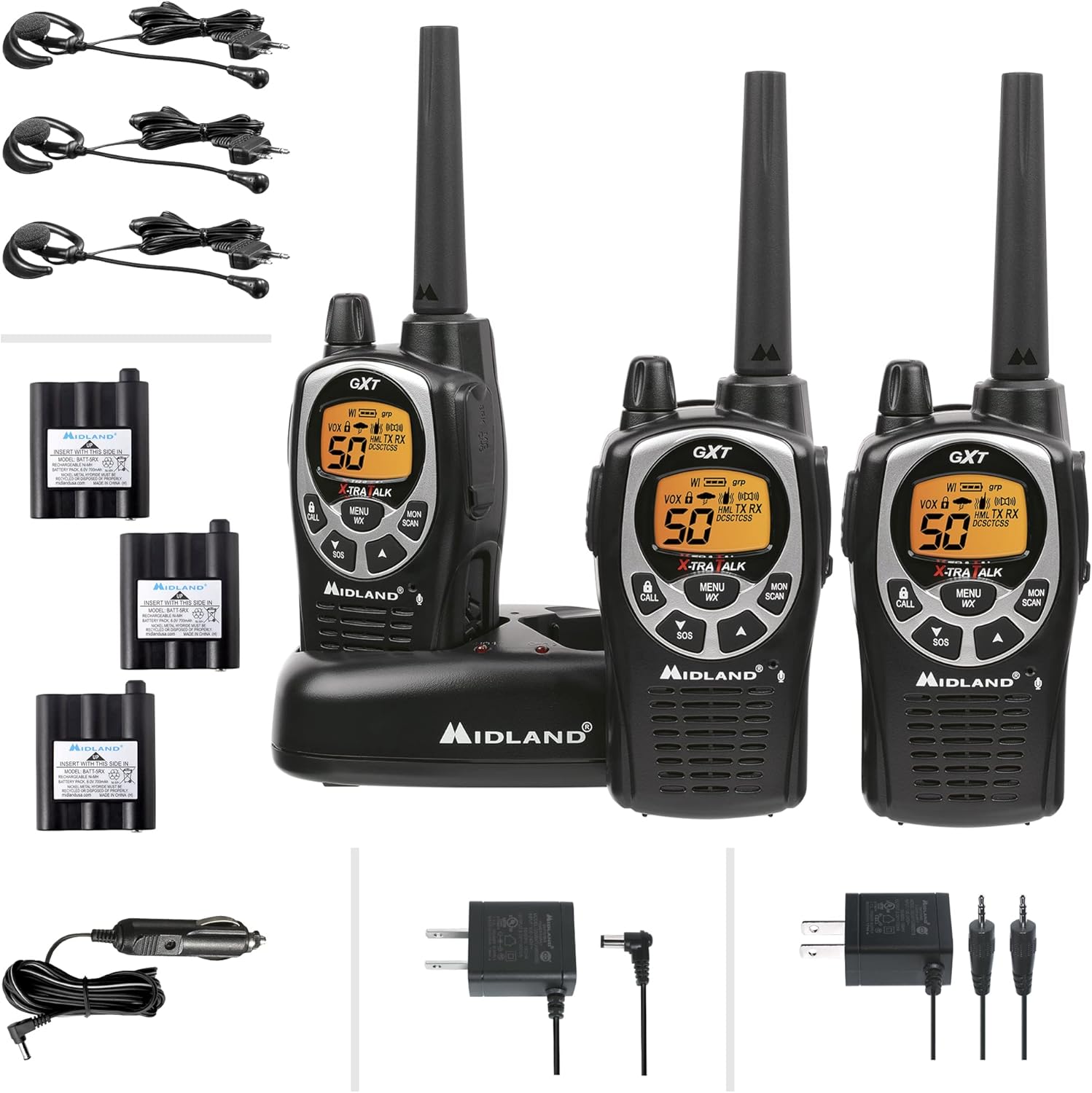 Midland 50 Channel Waterproof GMRS Two-Way Radio - Long Range Walkie Talkie with 142 Privacy Codes, SOS Siren, and NOAA Weather Alerts and Weather Scan (Black/Silver, Pair Pack)