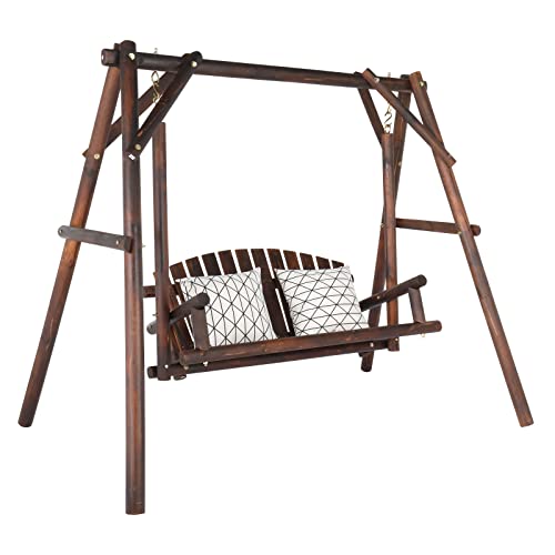6.5' Outdoor Porch Swing Rustic Loveseat Solid Wooden Natural Log Garden Swing (Carbonized)