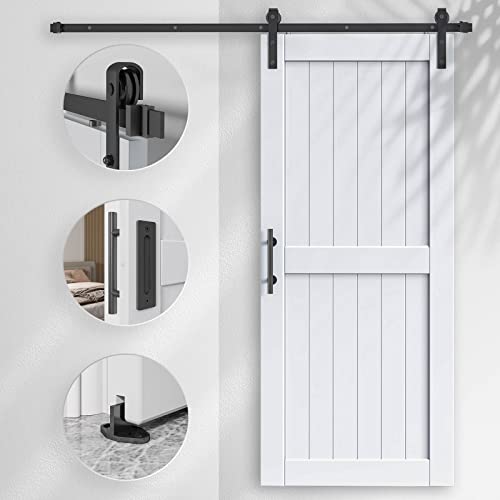 EaseLife 54 x 84 inch White Barn Door with 9FT Sliding Door Hardware Kit Included & Handle,Solid Wood Covered with Waterproof PVC Surface,DIY Assemblely,Easy Install,H-Frame,Fit 50-52in Wide Opening