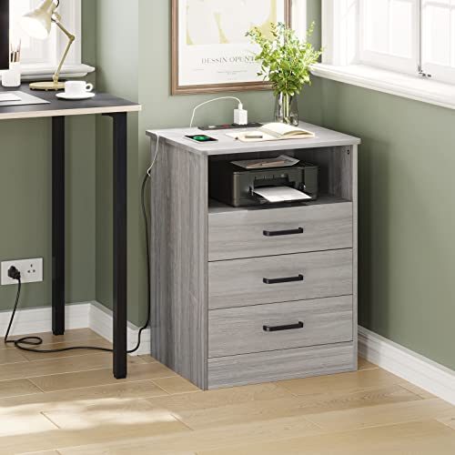 ADORNEVE Nightstands Set of 2, Grey Night Stands with Charging Station, Bedside Table with Drawers & USB Ports for Bedroom,Living Room
