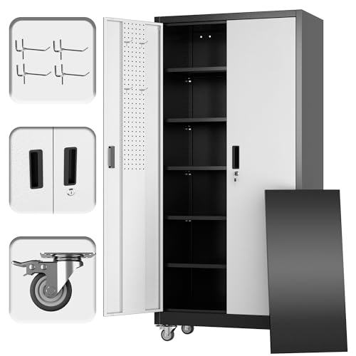 Aobabo 73''H Metal Garage Storage Cabinet with Wheels and Pegboards, 4 Adjustable Shelves Steel Storage Cabinets for Home,Warehouse,Garage,Assembly Required,White
