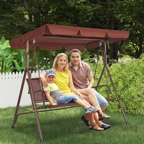 VEVOR 3-Seat Patio Swing Chair, Converting Canopy Swing, Outdoor Patio Porch with Adjustable Canopy, Removable Thick Cushion and Alloy Steel Frame, for Balcony, Backyard, Poolside, Brown