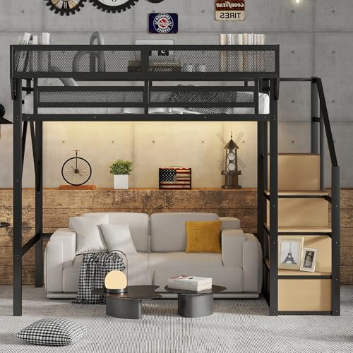 Full Size Loft Bed with Stairs and Storage, Metal Loft Bed Frame with Bedside Shelf and Large Under-Bed Space, Heavy-Duty Bed for Adults Teens and Kids, Black