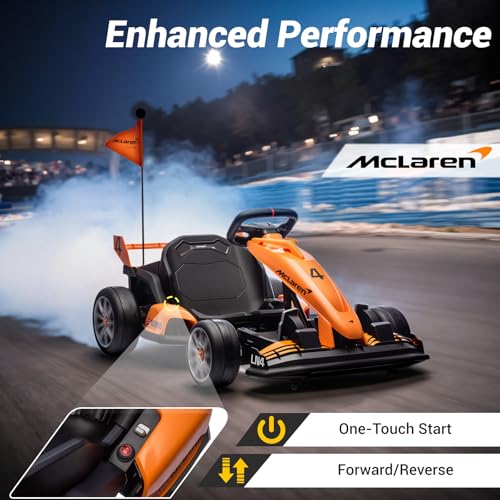 Electric Go Kart, Licensed Mclaren Drift Kart, Length Adjustment, LED Light, Crazy Cart for Kids Ages 6+, 400W Motor, Max Loads 130 LBS (Orange 24V)