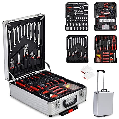 Ochine Aluminum Trolley Case Tool Set Household Tool Kit with Rolling Tool Box, Silver Household Hand Tool Sets House Repair Kit Home Tool Bag Storage Tool Box with Tools for Indoor and Outdoor Use