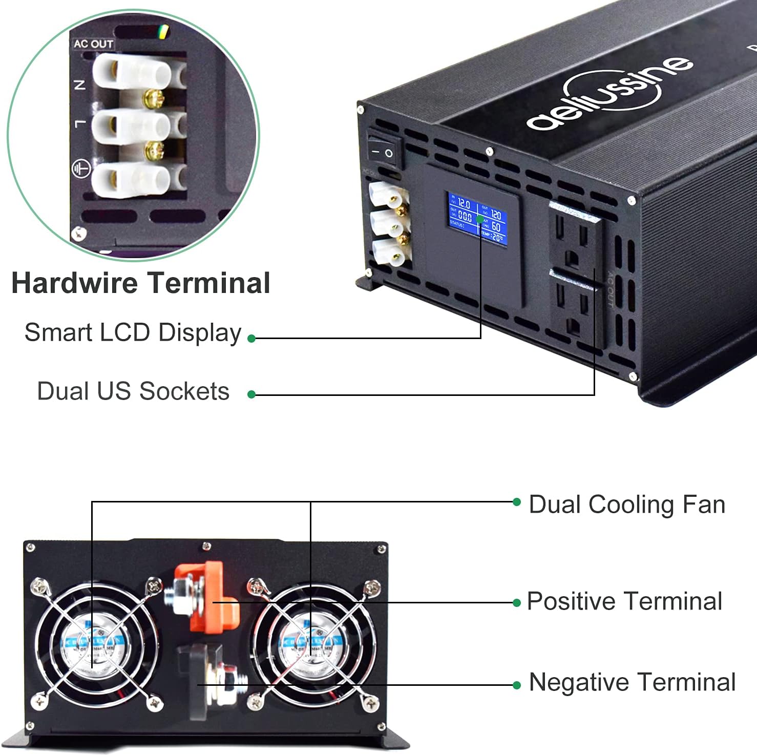 aeliussine 2000w Inverter Pure Sine Wave Power Inverter 48v dc to ac 110v 120v with Hardwire Terminal, LCD Display, for Car RV, Truck, Yacht, and Off Grid Solar Power System (2000w 48v)