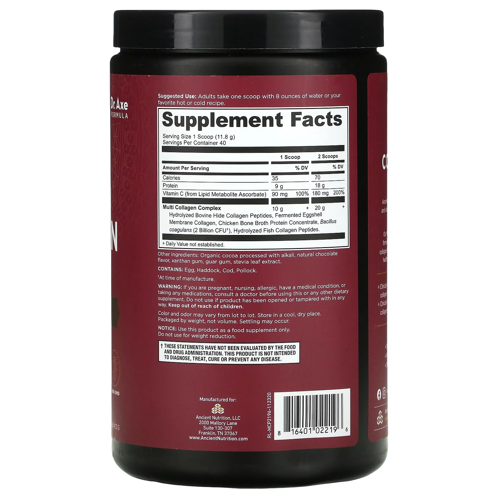 Dr. Axe / Ancient Nutrition, Multi Collagen Protein, Chocolate, 1.04 lb (472 g) Pack of 2