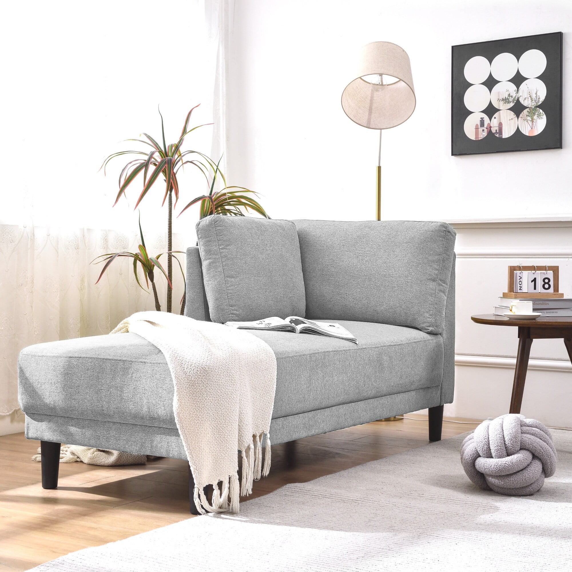 Fabric Corner Lounge Chair, Upholstered Indoor Chaise Lounge,Left Armrest Grey