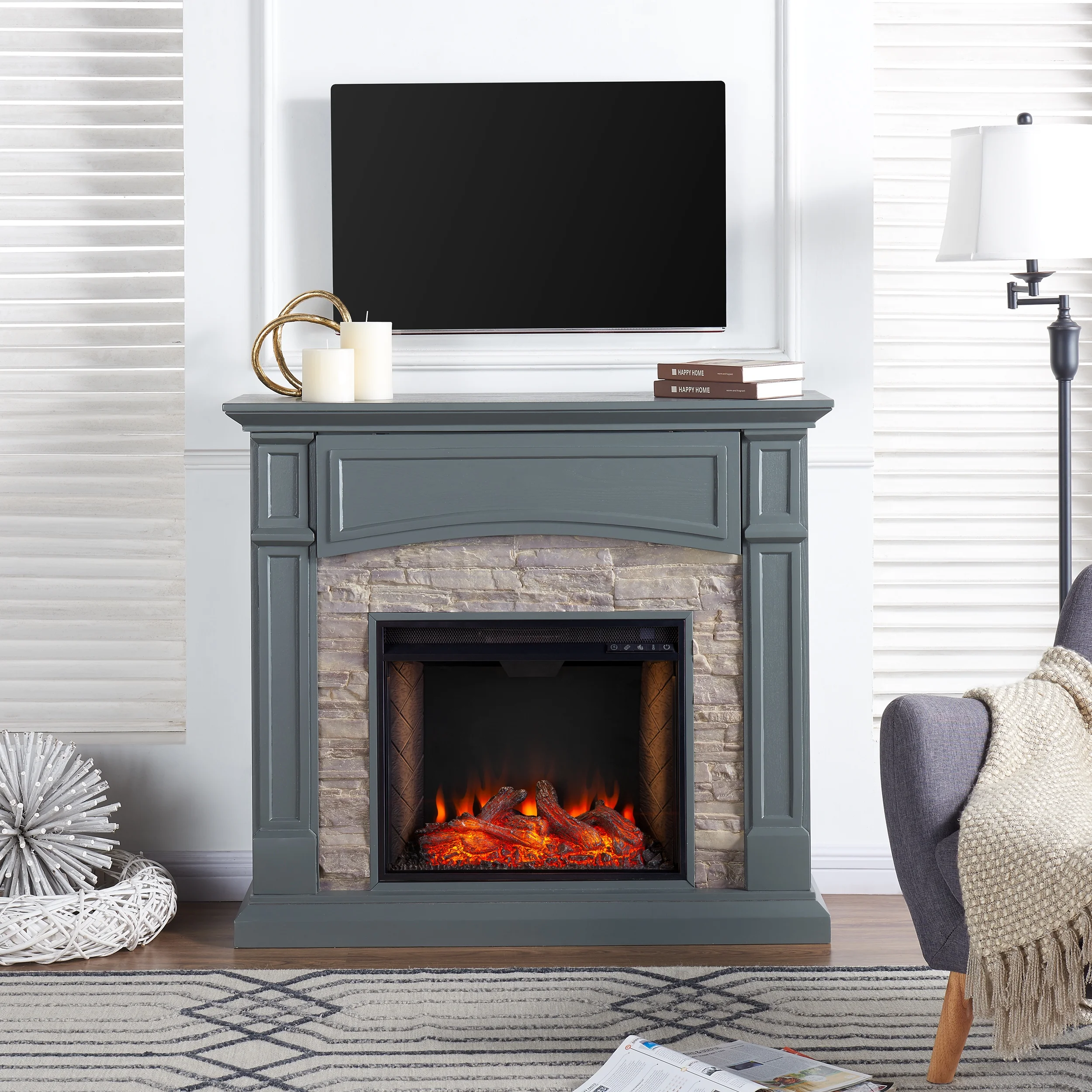 SEI Furniture Seneca Smart Media Fireplace - Gray 45.75 x 40.75 Freestanding Indoor Smart Electric Fireplaces - Curated Treasures Market