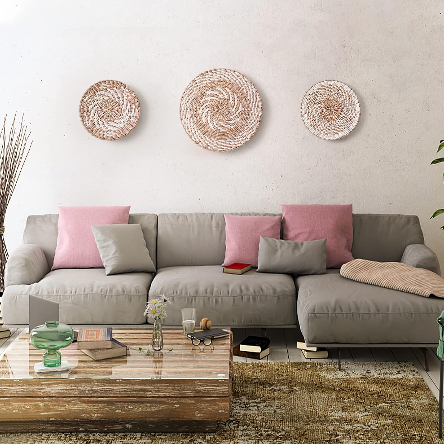 Boho wall Baskets decor Set of 3, 100%Natural Handmade,rattan wicker seagrass woven basket wall decor,Living Room or Bedroom woven wall african basket