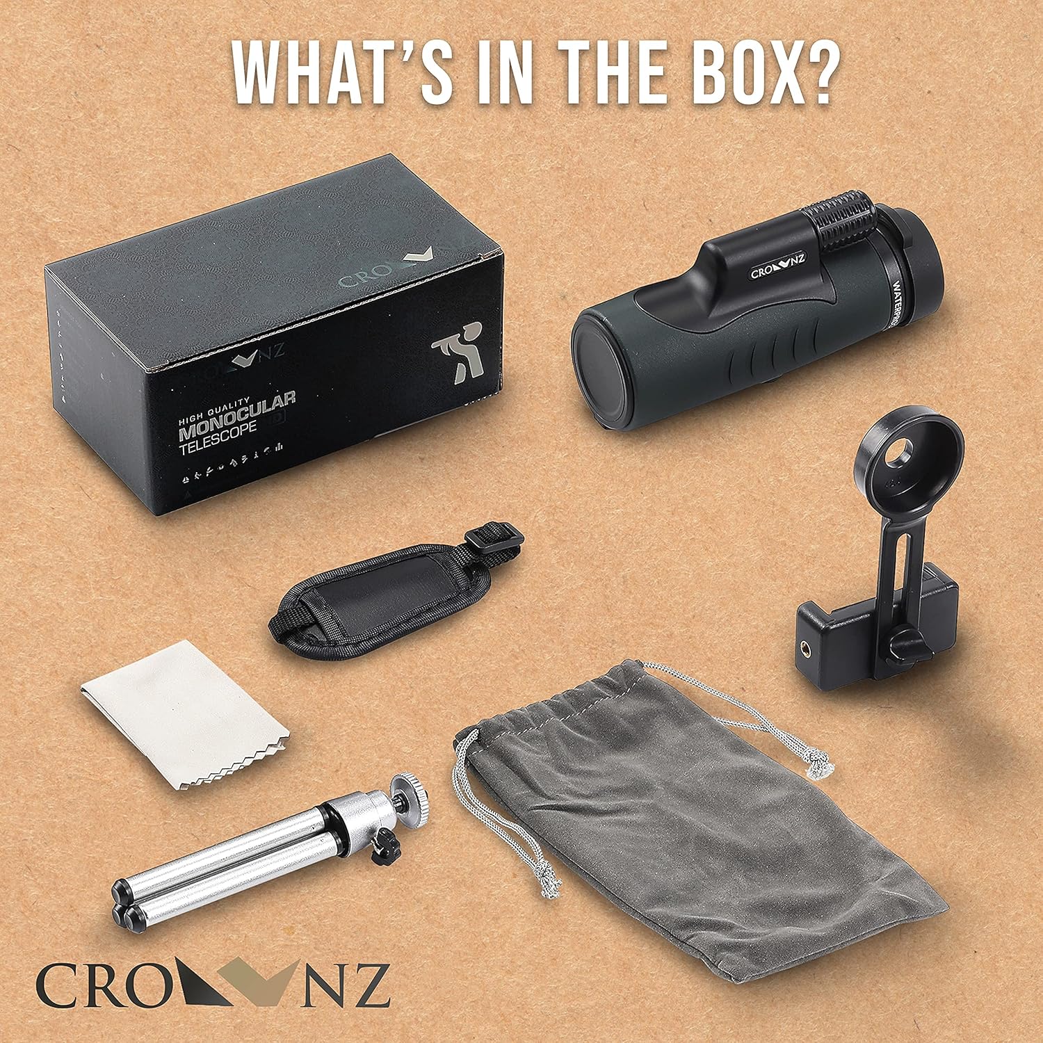 Crownz Monocular Telescope Day Low Night Vision High Power Monocular with Quick Smartphone Holder Tripod BAK4 Prism Dual Focus for Bird Watching Hunting Camping, Waterproof Fog Proof Shockproof Scope