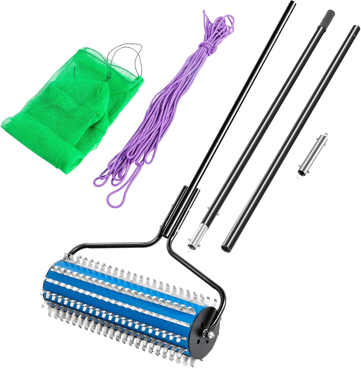 Happybuy Roller Weed Rake, 12 ft Lake Weed Cutter, Clean Aquatic Weeds Muck Silt Lake Rakes, Lake Weed Rake for Lake Pond Beach and Landscaping, Lake Weed Roller Rake with Extension Pole and Rope
