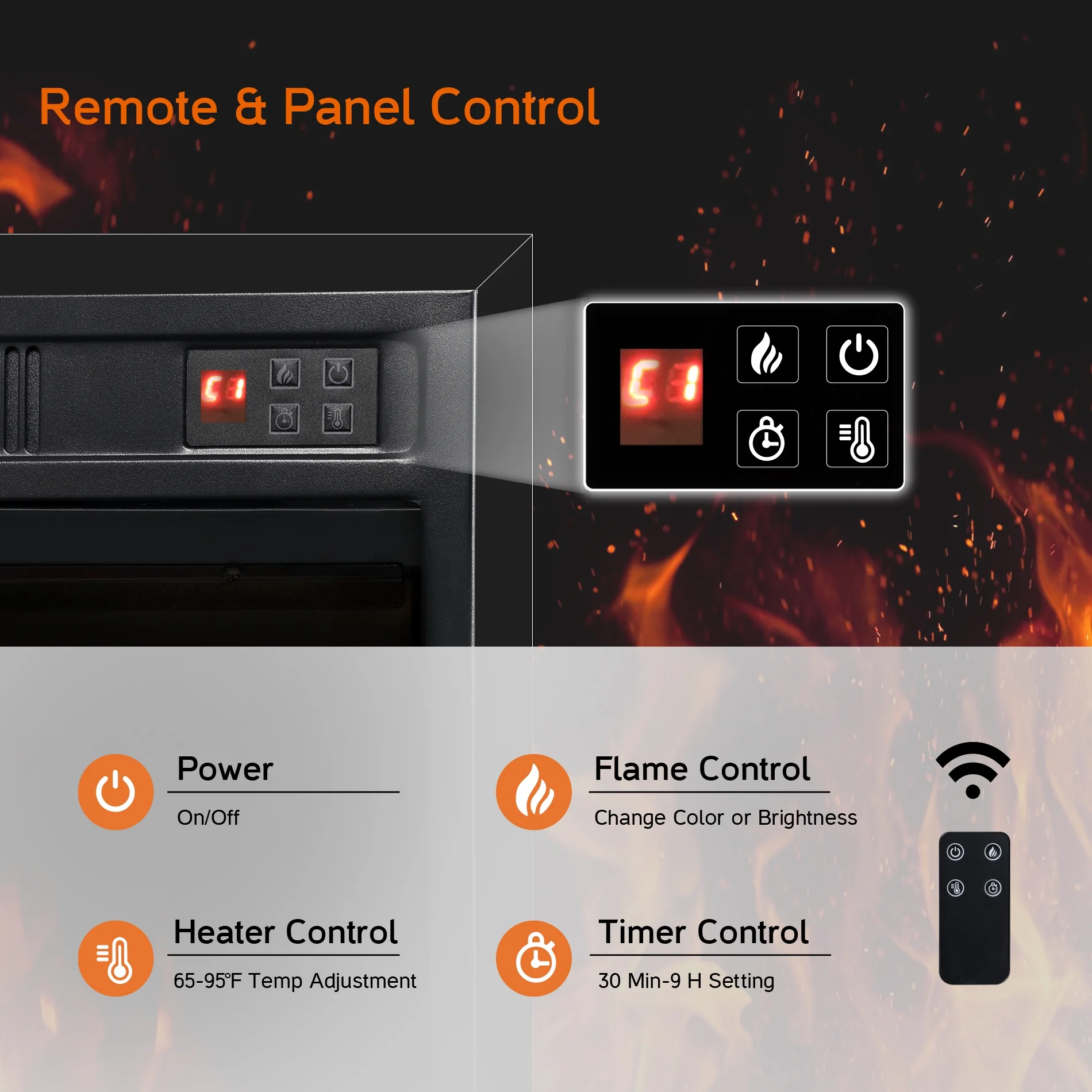 Electric Fireplace 28 inch, 1400W Fireplace Heater with Thermostat, Adjustable Flame Color and Brightness, Remote Control with Timer