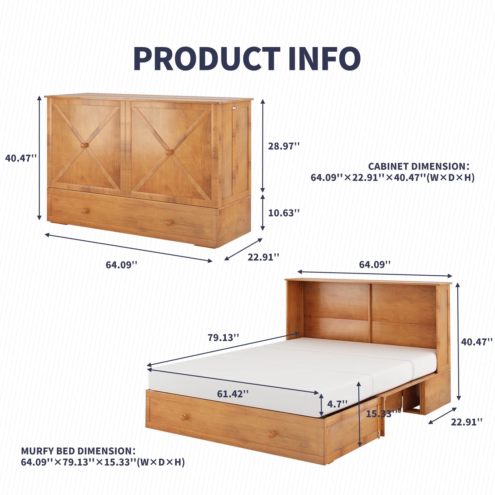 ZAFLY Murphy Bed Cabinet with USB Charging Station, Murphy Cube Cabinet Chest Bed with Drawer &Folding Mattress, Queen Size Bed for Living Room/Bedroom/Studio - Cherry