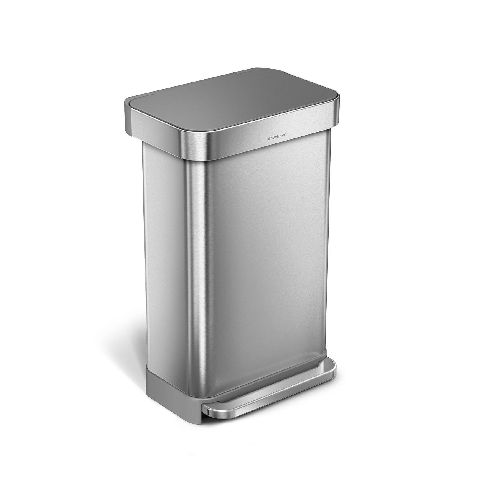 simplehuman 45 LITER Rectangular Kitchen Step Soft-Close, Brushed Stainless Steel with Plastic Lid Hands-Free Trash Can