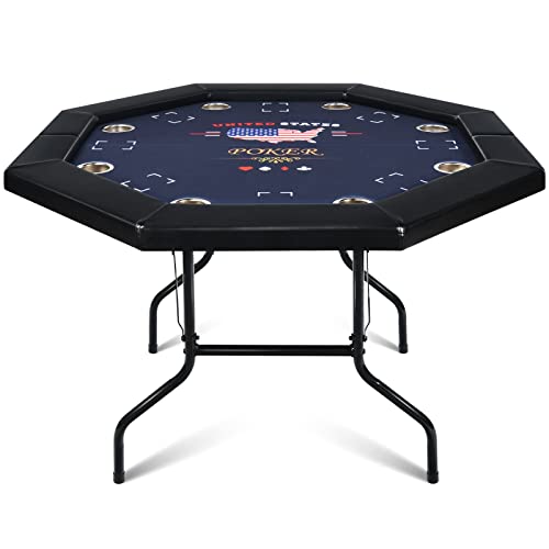 8 Players Poker Table Foldable,50inch Upgraded Folding Octagon Casion Table, Portable Texas Holedem Table w/Stainless Steel Cup Holders, Water-Resistant Cushioned Rail (Brown)