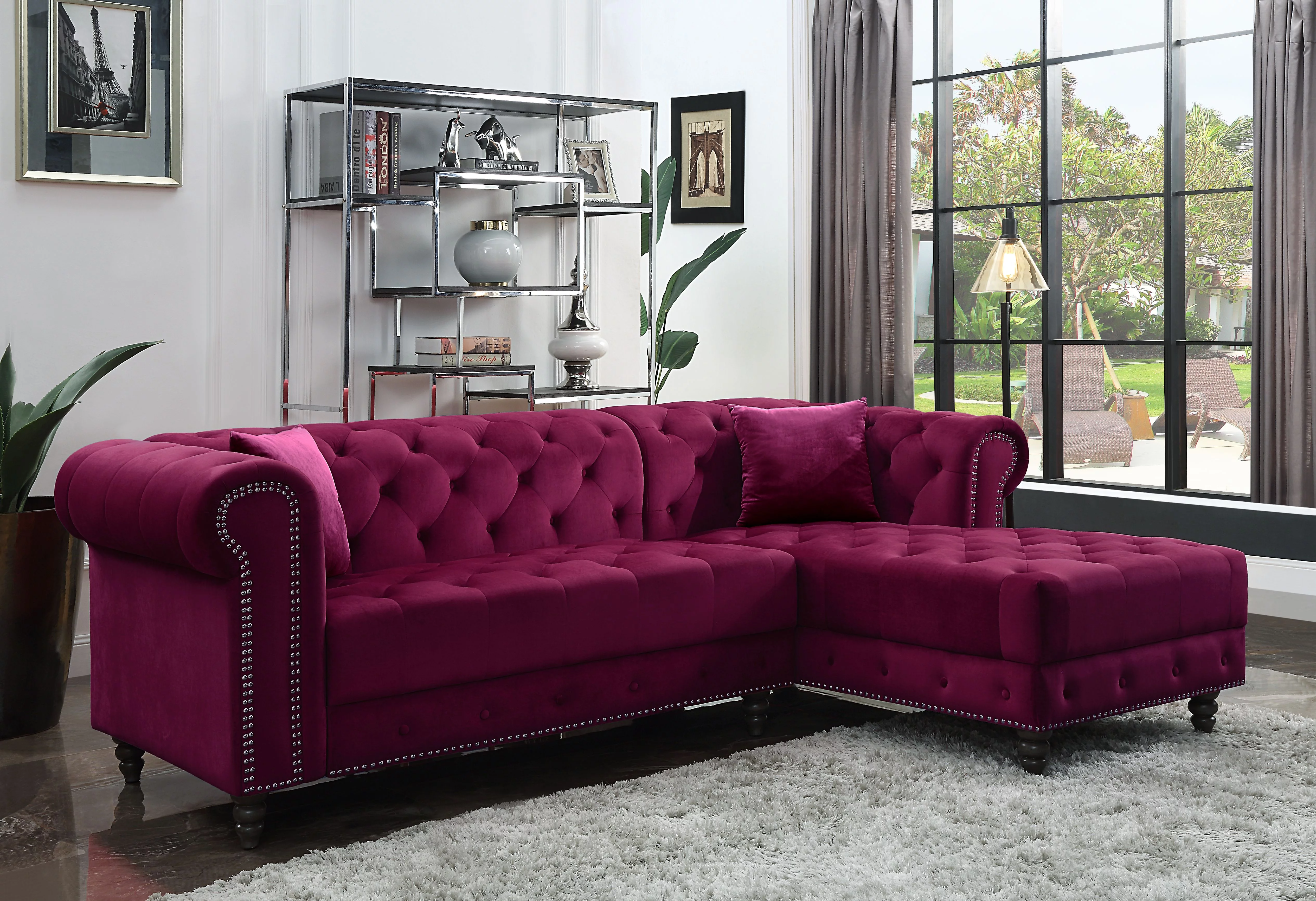ACME Adnelis Velvet Tufted Sectional Sofa with 2 Pillows in Red